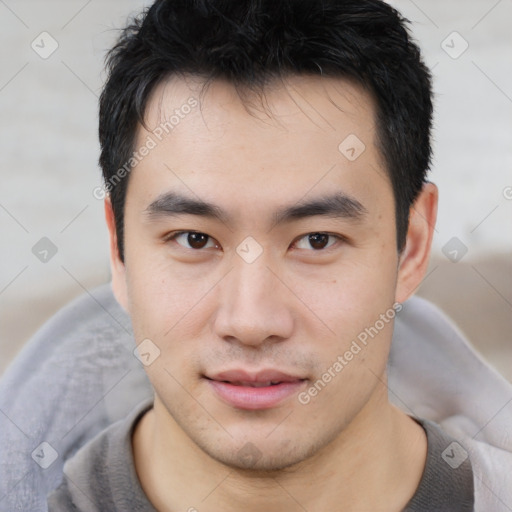 Neutral asian young-adult male with short  brown hair and brown eyes