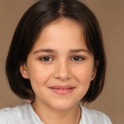 Joyful white child female with medium  brown hair and brown eyes