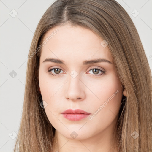 Neutral white young-adult female with long  brown hair and brown eyes