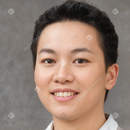 Joyful white young-adult female with short  brown hair and brown eyes