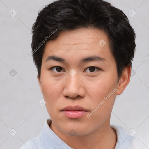 Neutral asian young-adult male with short  brown hair and brown eyes