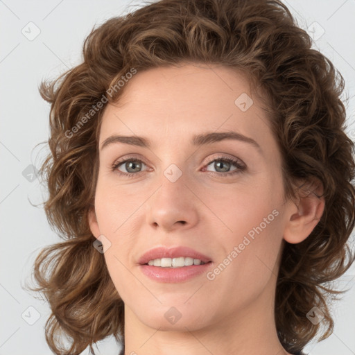 Joyful white young-adult female with medium  brown hair and green eyes