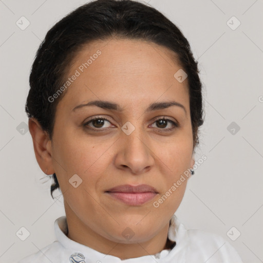 Joyful white adult female with short  brown hair and brown eyes