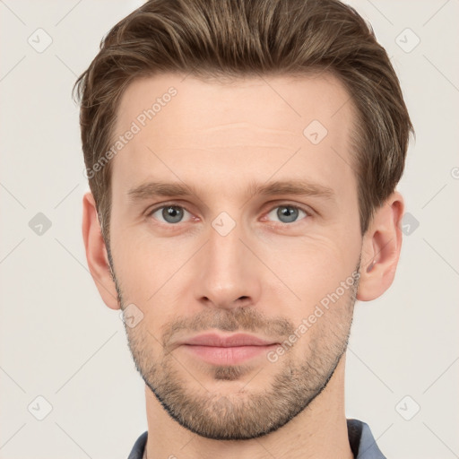 Neutral white young-adult male with short  brown hair and grey eyes