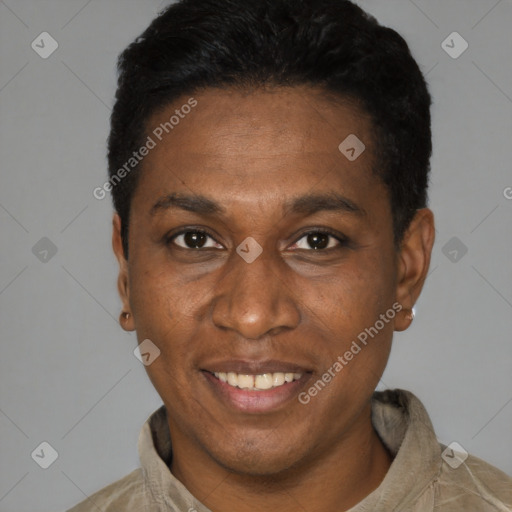Joyful black adult male with short  black hair and brown eyes