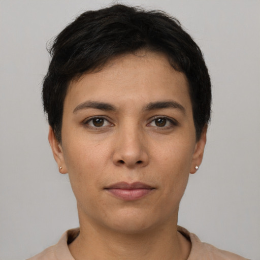 Neutral asian young-adult female with short  brown hair and brown eyes