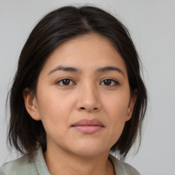 Neutral asian young-adult female with medium  brown hair and brown eyes