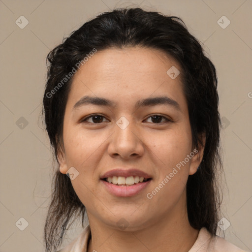 Joyful latino young-adult female with medium  brown hair and brown eyes