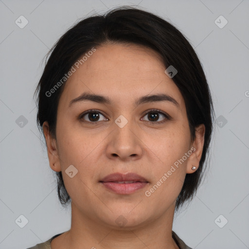 Joyful white young-adult female with medium  brown hair and brown eyes