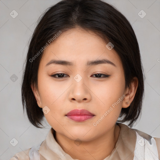 Neutral asian young-adult female with medium  brown hair and brown eyes