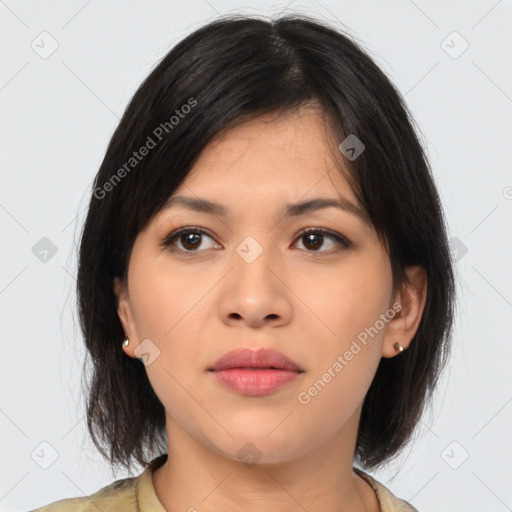 Neutral asian young-adult female with medium  brown hair and brown eyes