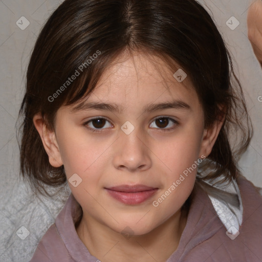 Joyful white child female with medium  brown hair and brown eyes