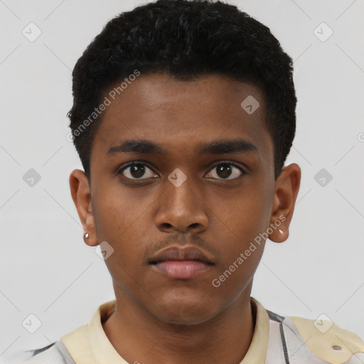 Neutral black young-adult male with short  black hair and brown eyes