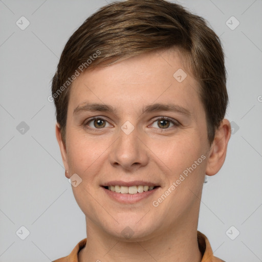 Joyful white young-adult female with short  brown hair and grey eyes