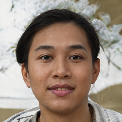 Joyful asian young-adult male with short  brown hair and brown eyes