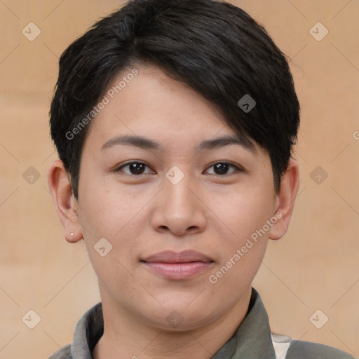 Joyful white young-adult female with short  brown hair and brown eyes