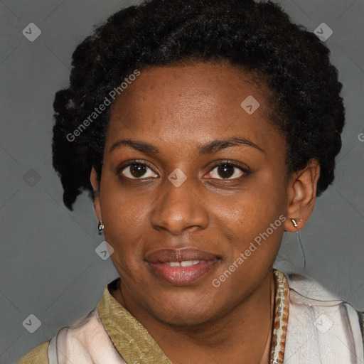 Joyful latino young-adult female with short  black hair and brown eyes