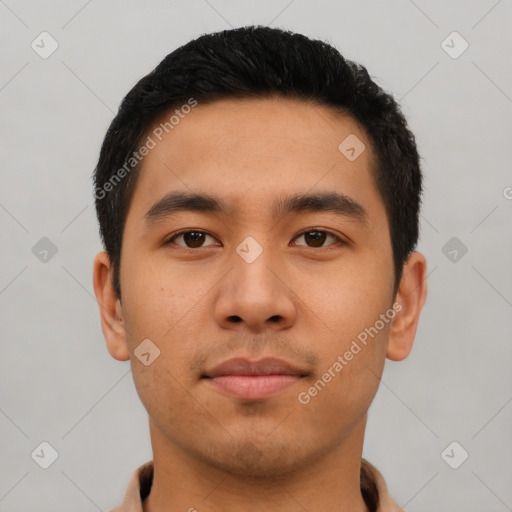 Neutral asian young-adult male with short  black hair and brown eyes