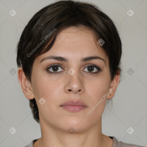 Neutral white young-adult female with medium  brown hair and brown eyes