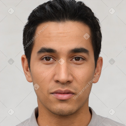 Neutral latino young-adult male with short  black hair and brown eyes