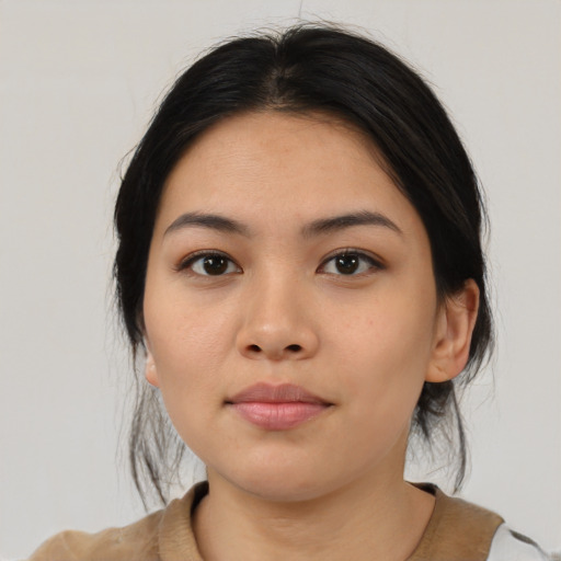 Neutral asian young-adult female with medium  black hair and brown eyes