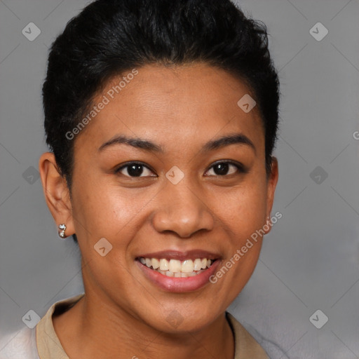 Joyful latino young-adult female with short  brown hair and brown eyes