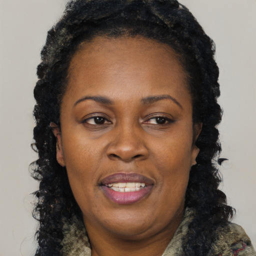 Joyful black adult female with long  brown hair and brown eyes