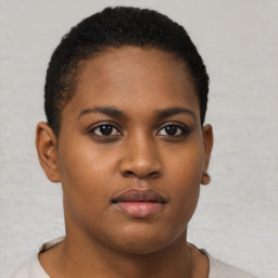 Neutral black young-adult female with short  brown hair and brown eyes