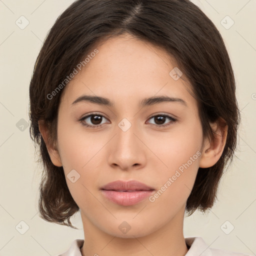 Neutral white young-adult female with medium  brown hair and brown eyes