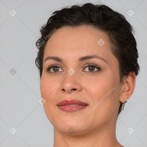 Joyful white young-adult female with short  brown hair and brown eyes