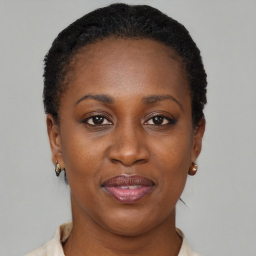 Joyful black adult female with short  black hair and brown eyes