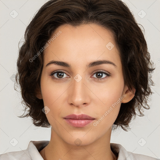 Neutral white young-adult female with medium  brown hair and brown eyes