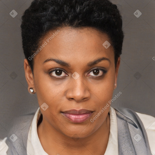 Joyful black young-adult female with short  brown hair and brown eyes