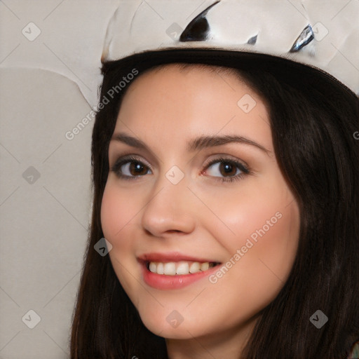 Joyful white young-adult female with long  black hair and brown eyes