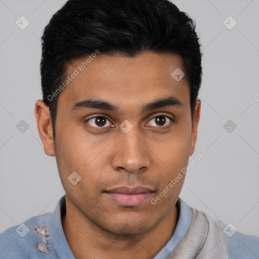 Neutral latino young-adult male with short  black hair and brown eyes