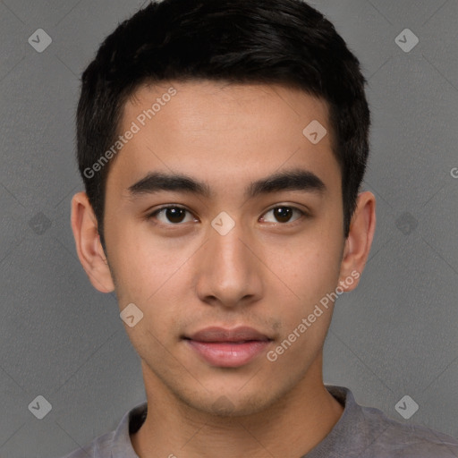 Neutral asian young-adult male with short  brown hair and brown eyes