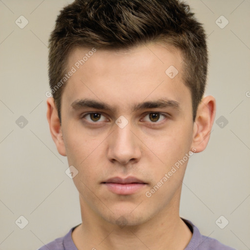 Neutral white young-adult male with short  brown hair and brown eyes