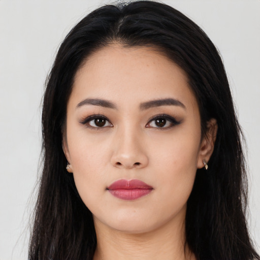 Neutral asian young-adult female with long  black hair and brown eyes