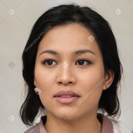 Neutral asian young-adult female with medium  black hair and brown eyes