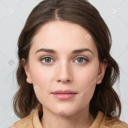 Neutral white young-adult female with medium  brown hair and brown eyes