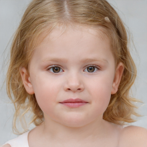 Joyful white child female with medium  brown hair and blue eyes