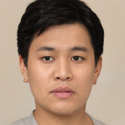 Neutral asian young-adult male with short  black hair and brown eyes