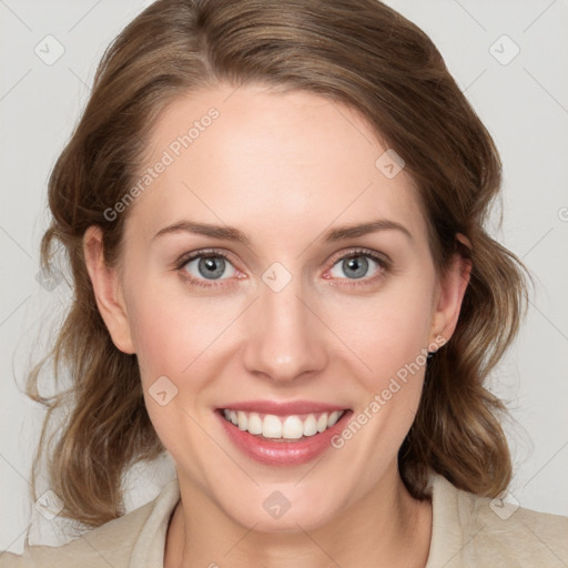 Joyful white young-adult female with medium  brown hair and green eyes