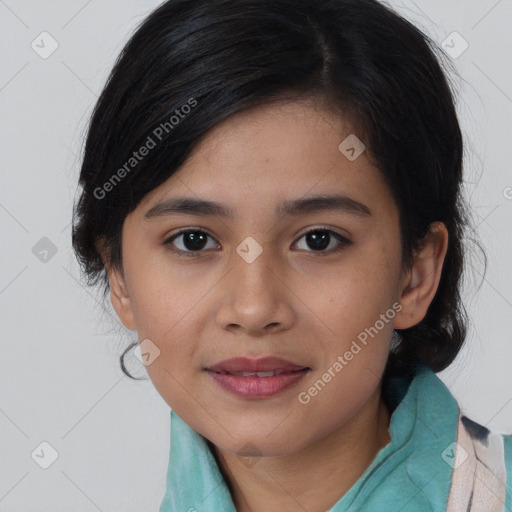 Joyful asian young-adult female with medium  black hair and brown eyes