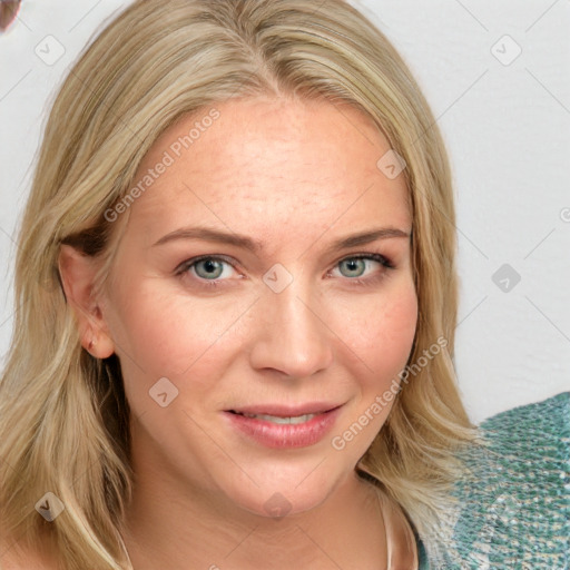 Joyful white young-adult female with medium  brown hair and blue eyes