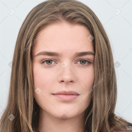 Neutral white young-adult female with long  brown hair and brown eyes