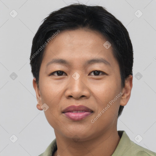 Joyful asian adult female with short  brown hair and brown eyes