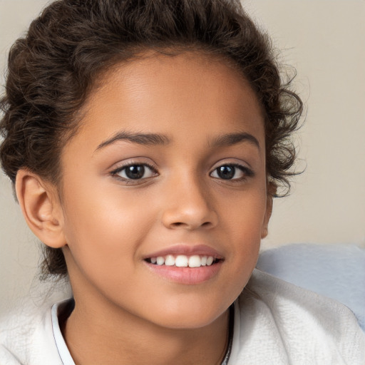 Joyful white child female with medium  brown hair and brown eyes