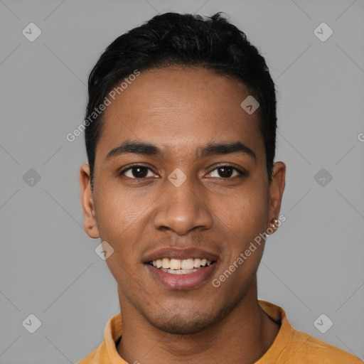 Joyful latino young-adult male with short  black hair and brown eyes