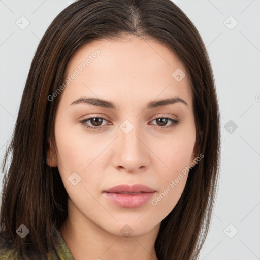 Neutral white young-adult female with long  brown hair and brown eyes